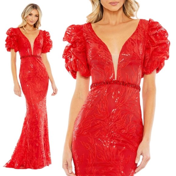 NEW MAC DUGGAL EMBELLISHED PUFF SLEEVE PLUNGED NECK TRUMPET LACE RED‎ 12421 - Picture 1 of 9